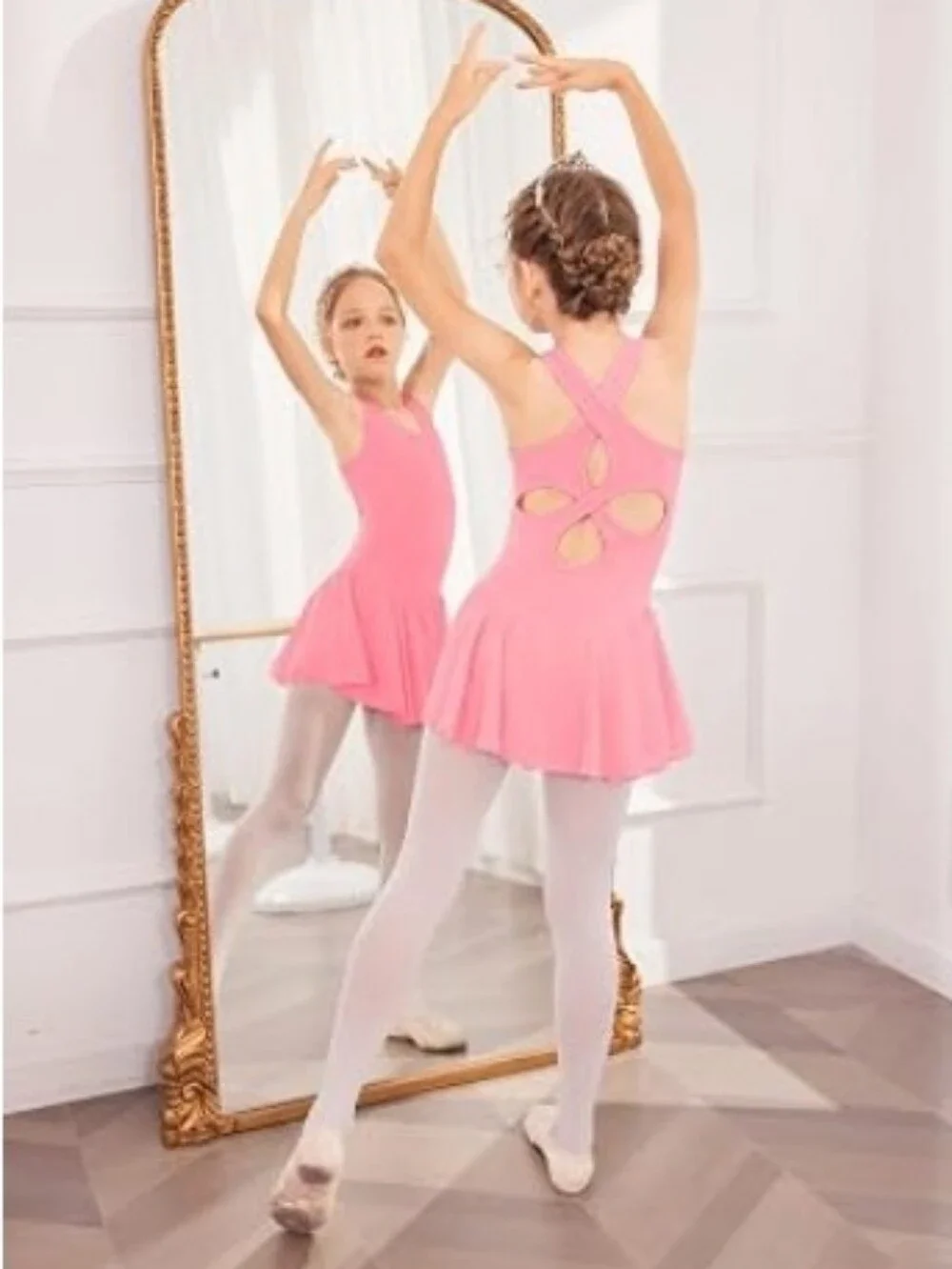 Girls Hollow Back Ballet Leotard with Skirt Sleeveless Dance Dress Pink